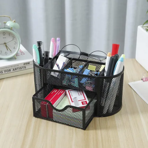Miniatura 3 de Organizador de escritorio de malla, suministros de oficina, multifuncional, con 8 compartimentos y 1 cajón para oficina, hogar, escuela, aula