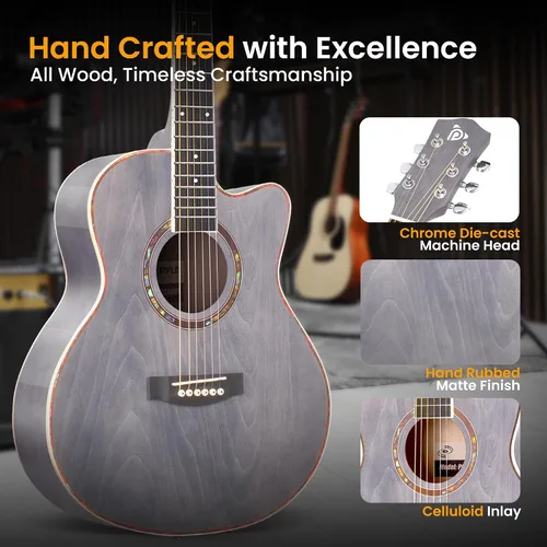 Miniatura 4 de Pyle Kit de guitarra acústica, 3/4 tamaño junior, instrumento de cuerdas de acero totalmente de madera para niños principiantes, adultos, 36 Gris