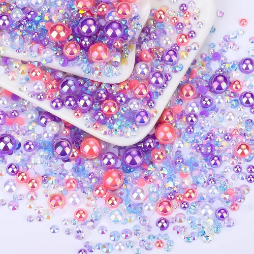 Miniatura 16 de 60g de Perlas Acuamarina Dorada con Diamantes de Imitación para Manualidades Tamaño Mixto 3mm-10mm Color AB Redondas Perlas Medias Planas Conjunto