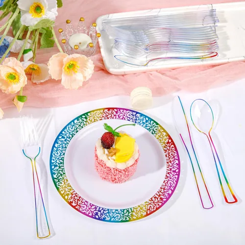 Miniatura 9 de Supernal 120 PCS Cubiertos de Plástico Transparente Resistentes – Utensilios Desechables Juego de Cubiertos Coloridos Arcoíris Incluye 40 Tenedores