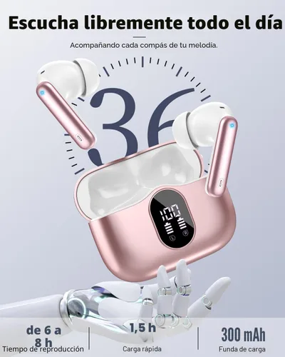 Miniatura 5 de Auriculares inalámbricos, Bluetooth 5.4, auriculares estéreo con graves y micrófono con cancelación de ruido, pantalla LED en el oído, llamadas Oro