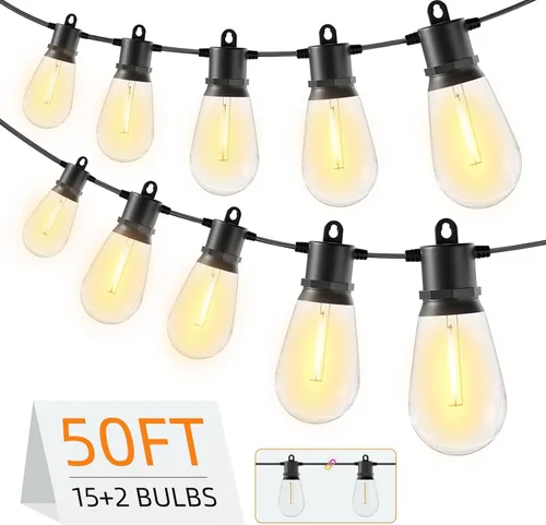 Luces de Cadena para Exteriores 50 pies IP65 Impermeables Luces de Patio con 15 + 2 Bombillas LED Irrompibles Grado Comercial Luces de Cadena LED