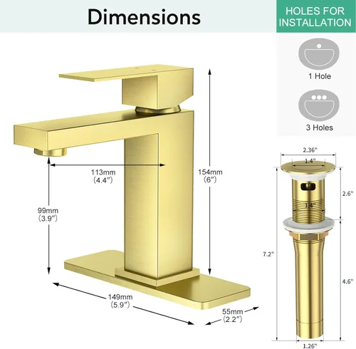 Miniatura 6 de Faustina Grifo de baño de oro cepillado, grifo de un orificio con una sola manija con drenaje emergente Dorado
