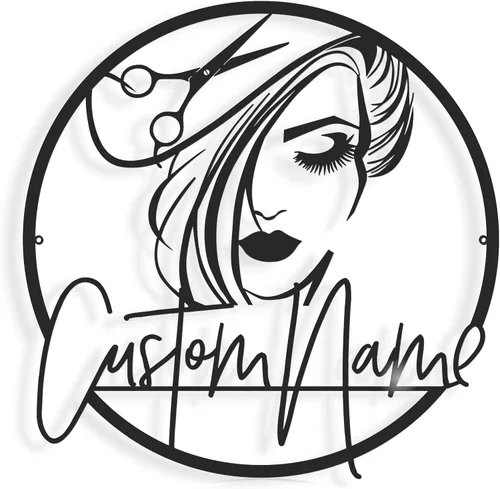 Letrero de estudio de belleza personalizado, arte de pared de metal con nombre personalizado | Woman Face Design, Hair Stylist & Nail Salon Decor,