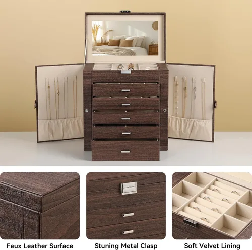 Miniatura 4 de Frebeauty Joyero grande, organizador de joyas de piel sintética de 6 niveles, estuche de almacenamiento multifuncional con espejo, soporte