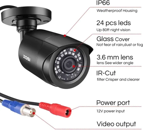 Miniatura 2 de ZOSI Paquete de 4 1080P 2.0MP para interiores y exteriores de 0.142 in, 24 unidades, lente infrarroja infrarroja, CCTV, cámara de seguridad de corte