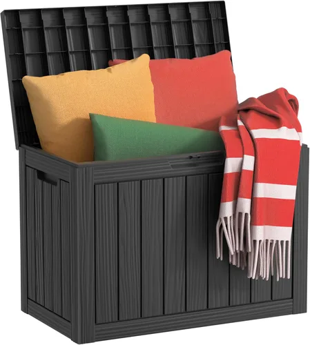 Miniatura 11 de Caja de almacenamiento impermeable para exteriores de 180 galones, caja de resina resistente a los rayos UV con varilla hidráulica para mayor 2-Gris