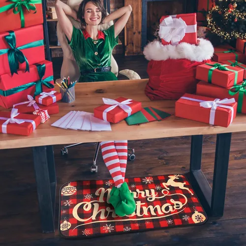 Miniatura 4 de Tinideya Tapete decorativo de Navidad para exteriores, tapete decorativo antideslizante de cuadros escoceses, tapete de bienvenida de Navidad