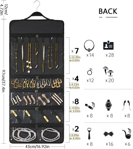 Miniatura 6 de SMRITI Organizador de joyas colgante con bolsillos dobles con cremallera, lona de doble cara giratoria para colgar collares, organizador de pared