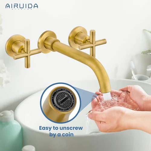 Miniatura 7 de Airuida Grifo de baño de latón macizo con boquilla giratoria 360, grifo mezclador de lavabo con válvula áspera y asas cruzadas dobles de latón