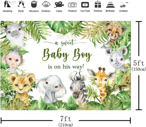 Miniatura 3 de Telón de fondo de 7 x 5 pies con diseño de animales de safari de la selva para baby shower, baby shower, para bebé, niño está en camino, es un niño