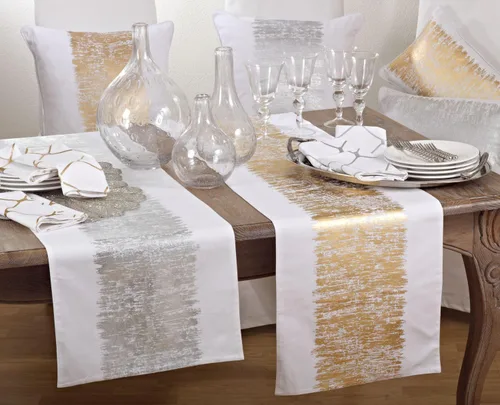 Miniatura 4 de SARO LIFESTYLE Agatha Collection - Camino de mesa con diseño de bandas metálicas plateadas, 16 x 72 pulgadas, rectangular, 16 x 72 pulgadas Plata