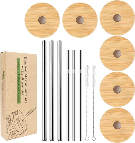 Miniatura 11 de Tapas de tarro Mason con orificio para pajita, tapas de bambú para lata de cerveza de vidrio, CNVOILA ECO tapas de tarro de bambú reutilizables