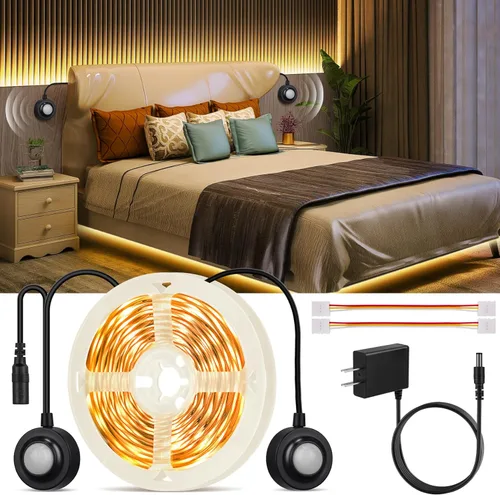 Luz de doble sensor de movimiento para interiores debajo de la cama, tira de luces LED activadas por movimiento de 16.4 pies para mesita de noche,