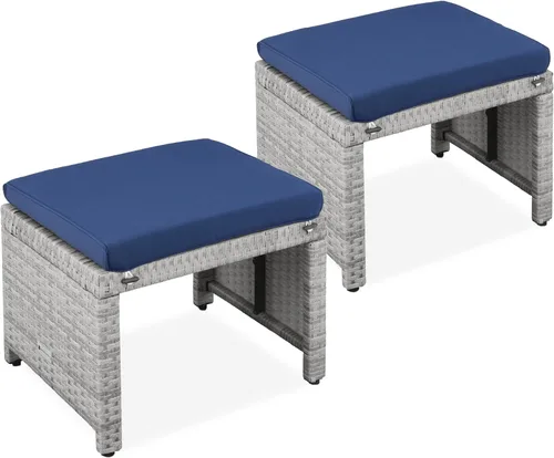 Miniatura 9 de Best Choice Products Juego de 2 otomanas de mimbre, muebles de exterior multiusos para patio, patio trasero, asientos adicionales, reposapiés, mesa
