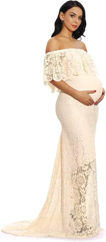 Miniatura 5 de ZIUMUDY Vestido de maternidad de encaje con volantes y hombros descubiertos para mujer, maxi vestido de fotografía para baby shower