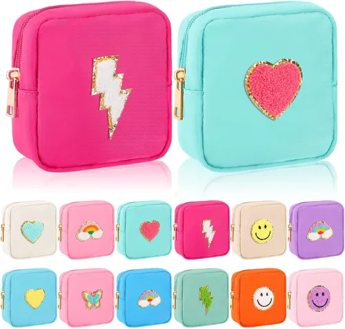 Umigy - 12 mini bolsas de maquillaje a granel, regalos de regreso a la escuela para niñas, bolsa cuadrada de maquillaje cosmético pequeña de nailon