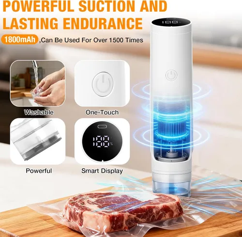 Miniatura 2 de Sellador al vacío inteligente para alimentos con pantalla LED, máquina selladora al vacío de mano de succión fuerte de 65 kPa para bolsas