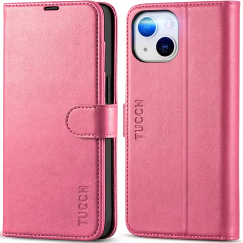 Miniatura 28 de TUCCH Funda tipo billetera para iPhone 14, [Bloqueo RFID] [4 ranuras para tarjetas] Funda protectora interior de TPU, funda abatible magnética