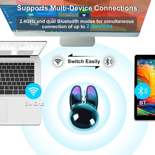 Miniatura 3 de Ratón inalámbrico Bluetooth lindo conejito de doble modo ratón portátil pequeño 2.4G ratón óptico con receptor USB silencioso azul Kawaii conejo