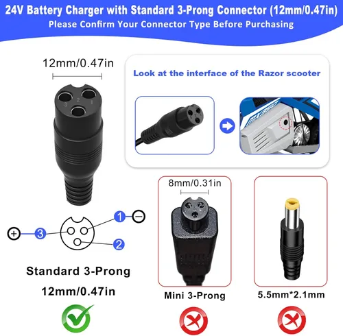 Miniatura 4 de 24V Scooter eléctrico Razor Cargador para Razor MX350 Dirt Bike MX400 Dirt Rocket PR200, E100 E200 E300 E500 Quad Pocket Mod Sports Mod Motocicleta