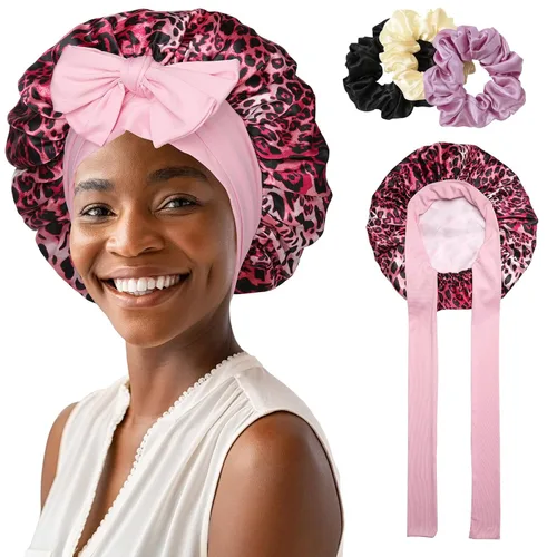 Miniatura 20 de Gorro de satén para mujer, con banda de amarre para el cabello, para dormir, grande de 2 capas, gorro de dormir de seda para dormir con 3 coleteros