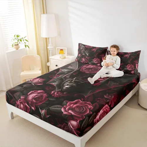 Miniatura 13 de Erosebridal Sábanas de cama de polilla de la muerte, sábana bajera ajustable de calavera gótica, tamaño individual, sábanas florales de flores