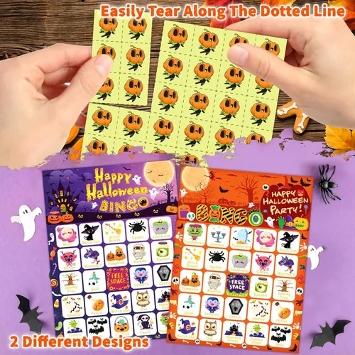 Miniatura 4 de Tarjetas de bingo de Halloween de MonEnfance, juego de bingo de Halloween para 24 jugadores para niños y adultos con pegatinas divertidas, lindo