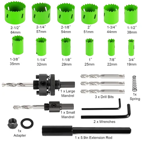 Miniatura 2 de LifeIdeas Kit de sierra de agujero bimetálica, juego de 22 piezas de sierra de agujero con 3/4 a 2-1/2 pulgadas, 12 hojas de sierra en estuche