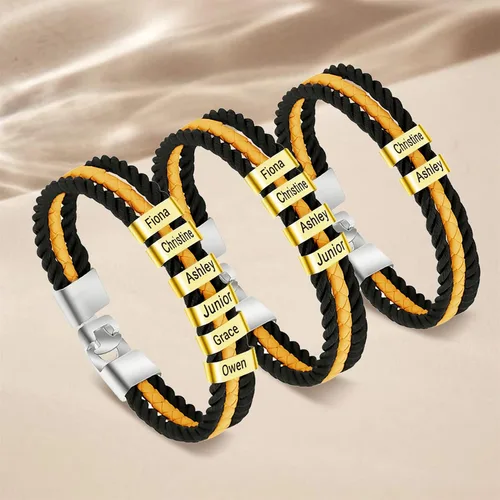 Miniatura 69 de Pulseras de cuero personalizadas para hombre con 1-6 nombres, pulsera trenzada personalizada con cuentas para papá, marido, día del padre, San