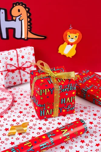 Miniatura 7 de WRAPAHOLIC - Papel de regalo reversible para cumpleaños - Mini rollo - 17 pulgadas X 33 pies - Diseño de letras "Feliz cumpleaños a ti" en rojo