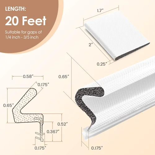 Miniatura 5 de Burletes Kerf para Puerta para Espacios Grandes, Tira de Sellado para Puerta Exterior Delantera, (Blanco, 20 Pies)
