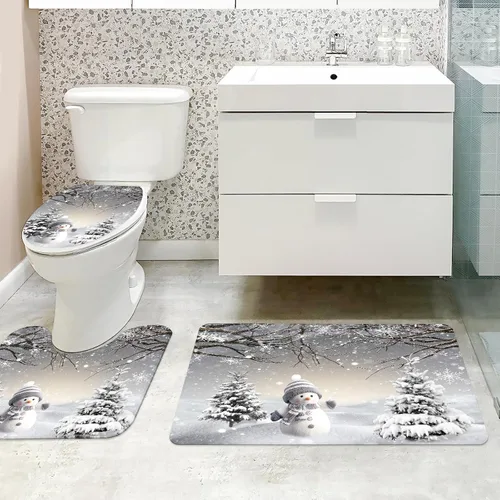 Miniatura 4 de MEHOFOND Juego de 4 cortinas de ducha de invierno de Navidad con alfombras antideslizantes, cubierta de tapa de inodoro y alfombrilla de baño