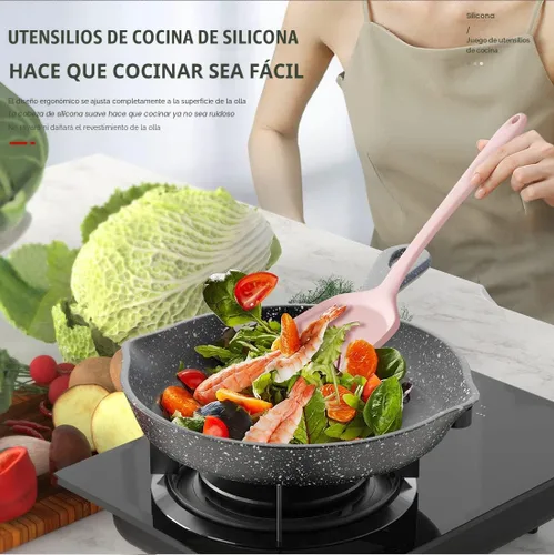 Miniatura 7 de AOTHOD Juego de utensilios de cocina de silicona, resistentes al calor, espátula, pinzas giratorias, cuchara, batidor, utensilios de cocina Rosa