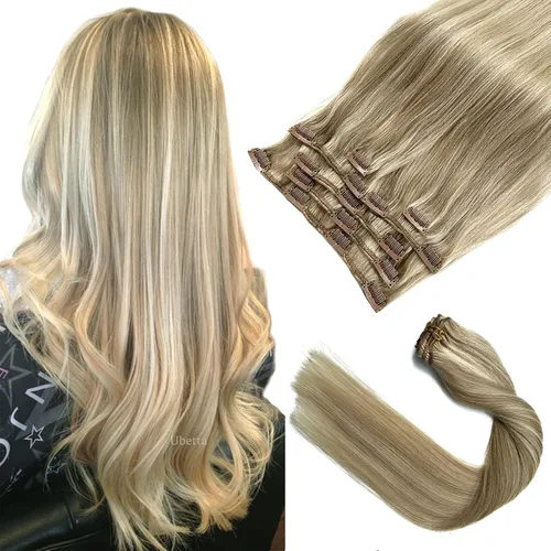 Miniatura 8 de Extensiones de cabello con clip Ubetta de cabello humano real, extensiones de cabello negro azabache con clip, 7 piezas, 70 g, extensiones