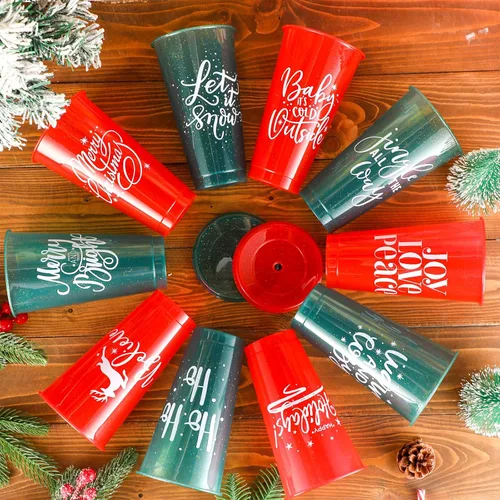 Miniatura 4 de Tioncy 50 vasos de plástico de Navidad con tapas y popote a granel, vasos de plástico de Navidad reutilizables de 25 onzas, tazas de Navidad