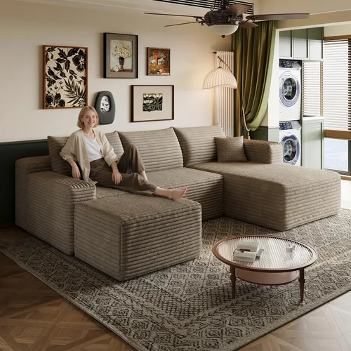 Miniatura 38 de Sofá modular en forma de L de 96 pulgadas con diván, moderno y cómodo sofá de pana para sala de estar, sofá de espuma viscoelástica, no requiere