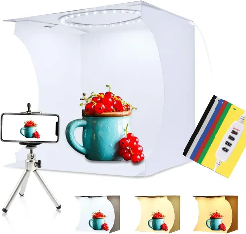 Miniatura 12 de PULUZ Mini Caja de Luz, Caja de Luz de Mesa de 9" para Fotografía, Caja de Luz Portátil de 20 LED para Estudio Fotográfico con Tienda de Campaña y 2