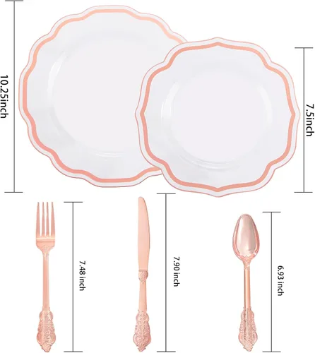 Miniatura 3 de NOCCUR 150 platos de plástico de oro rosa y cubiertos de oro rosa, incluye 30 platos de cena, 30 platos de ensalada, 90 utensilios desechables