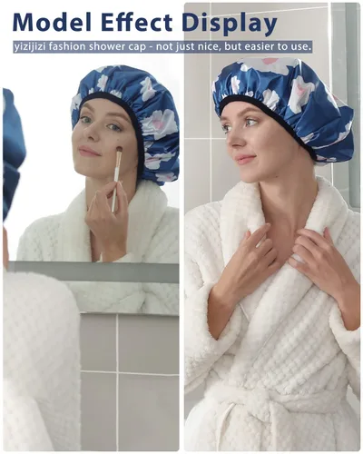 Miniatura 8 de YIZIJIZI Gorro de ducha con forro de rizo, gorro grande de tres capas para mujer, gorro de ducha reutilizable e impermeable, para cabello largo