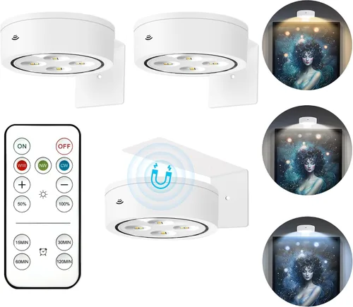Miniatura 13 de Paquete de 3 luces para cuadros de pared, luz LED para pintura operada por batería recargable con control remoto regulable y temporizador, 3 modos