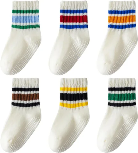 Calcetines de agarre para niños pequeños, antideslizantes, unisex, con rayas retro sin costuras, calcetines de algodón para niñas y niños, 6 pares