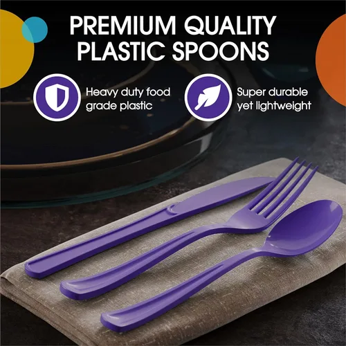 Miniatura 4 de Exquisite Cucharas de plástico moradas, 50 piezas, cucharas moradas, utensilios desechables, juego de cubiertos de plástico resistente