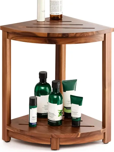 HOLANA Banco de ducha esquinero de madera de 18 pulgadas y taburete de ducha esquinero con estante de almacenamiento, reposapiés para afeitarse las