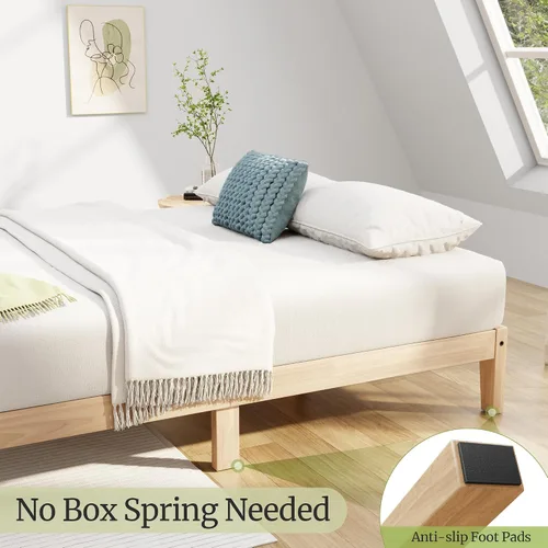 Miniatura 3 de Awesofurni Base de cama individual, plataforma de madera maciza de 12 pulgadas con listones de madera, marco de cama de madera con acabado natural