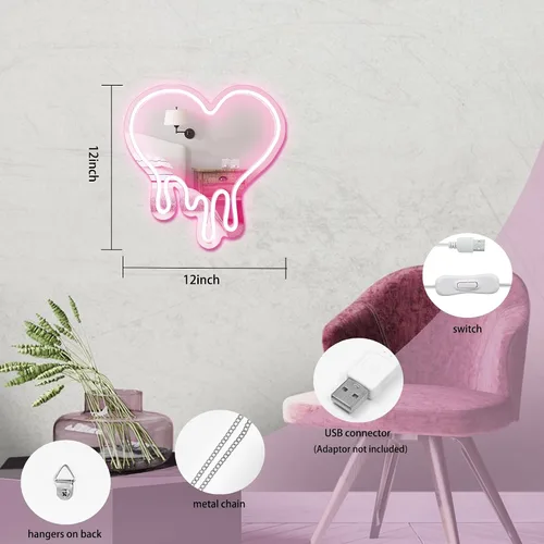 Miniatura 5 de DECANIT Letrero de Neón de Corazón - Decoración de Pared que Derrite el Corazón, Luz LED Alimentada por USB en Rosa, Espejo Decorativo de Pared