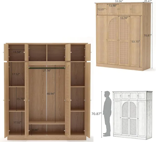 Miniatura 7 de Armario grande de 4 puertas con puertas de ratán, armario de madera independiente de 70.87 pulgadas de alto con barra para colgar y estantes