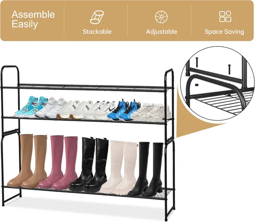 Miniatura 6 de KEETDY Organizador de zapatos largo de 2 niveles para armario, zapatero de metal para entrada, amplio estante apilable para zapatos con rejilla