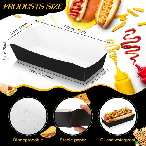Miniatura 2 de Yeaqee 100 bandejas de papel de 7 pulgadas desechables para perros calientes, alimentos, nachos, botes para perros calientes, platos de comida Negro