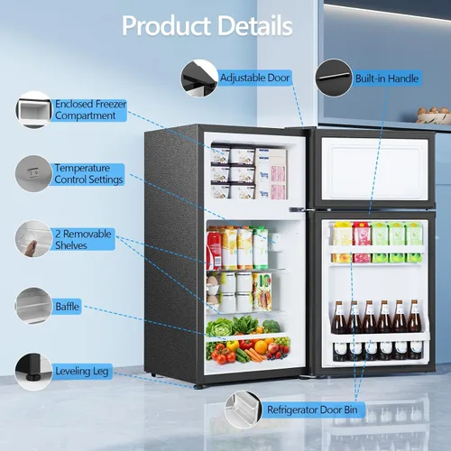 Miniatura 3 de Electactic Mini refrigerador de 2.5 pies cúbicos con congelador, refrigerador compacto de doble puerta, estantes de vidrio ajustables, termostato